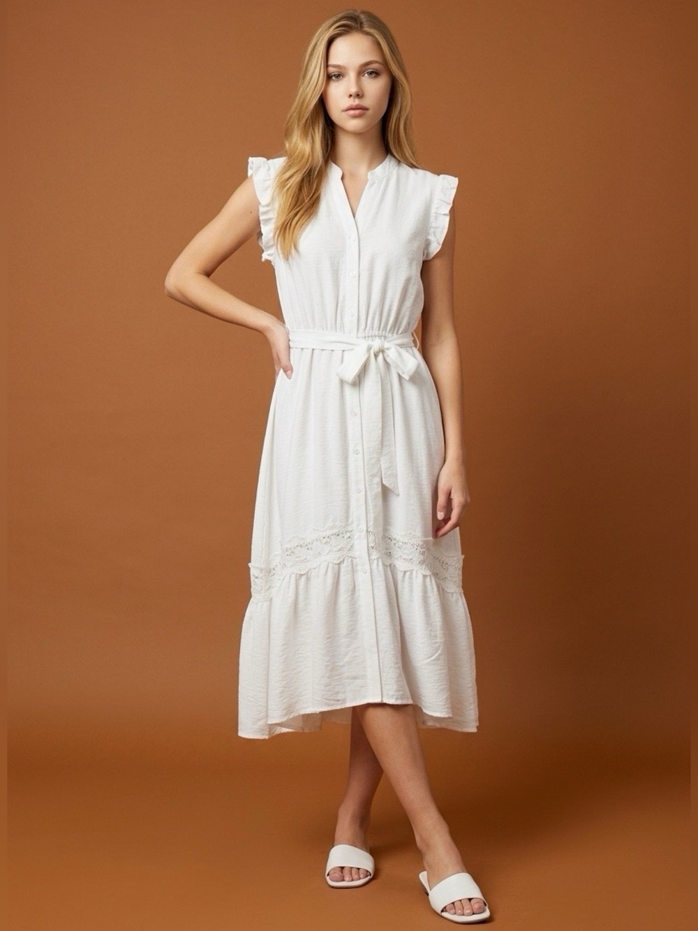 Allegra K White Button-Front Midi Dress with Waist Tie